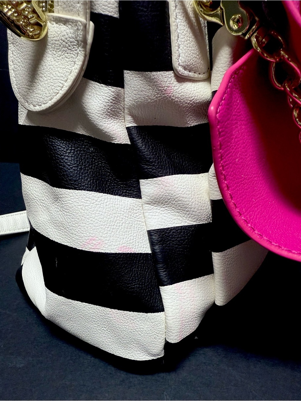 Betsey Johnson White & Black Stripe Satchel with Pink Bow Accent - Picture 5 of 10